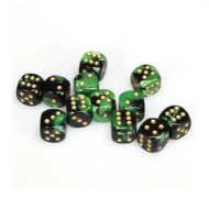 Chessex Gemini Black Green with Gold 16mm D6 (12 Dice)