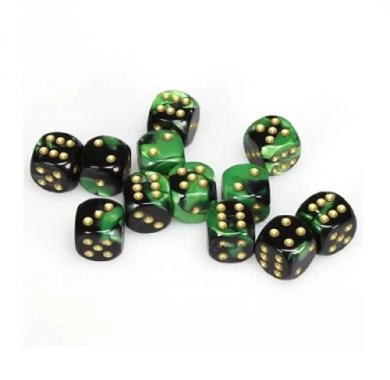 Chessex Gemini Black Green with Gold 16mm D6 (12 Dice)