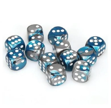 Chessex Gemini Steel Teal with White 16mm D6 (12 Dice)
