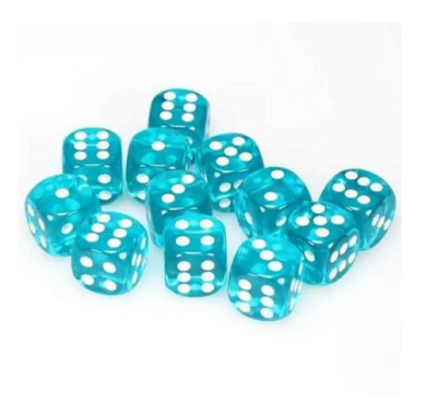 Chessex Translucent Teal with White 16mm D6 Dice Block (12 Dice)